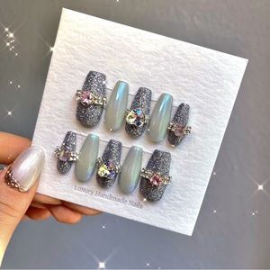 Silver glitter diamond ring handmade gel nail acrylic press on nail